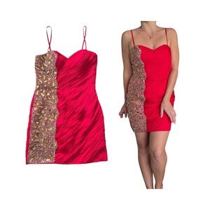 VTG Y2K Dave & Johnny Mini Prom Dress sz 3/4 Red Gold Bodycon Embellished Corset